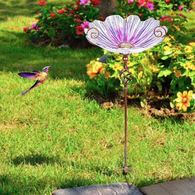 MUMTOP 31 Inch Height Glass Birdbath Birdfeeder with Metal Stake Garden Yard Outdoor Purple