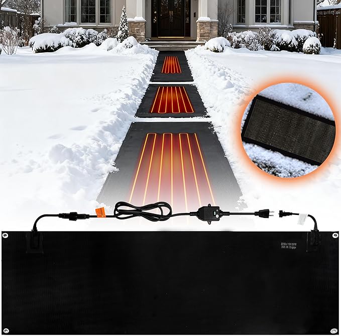 Snow Melting Mats Outdoor 20x60 Inch, Double No-Slip Rubber Heated Driveway Mats for Winter Snow Removal, 2 in/h Ice Melting Mats with Power Cord for Stairs, Walkways, Decks, Roof & Sidewalks,1PC