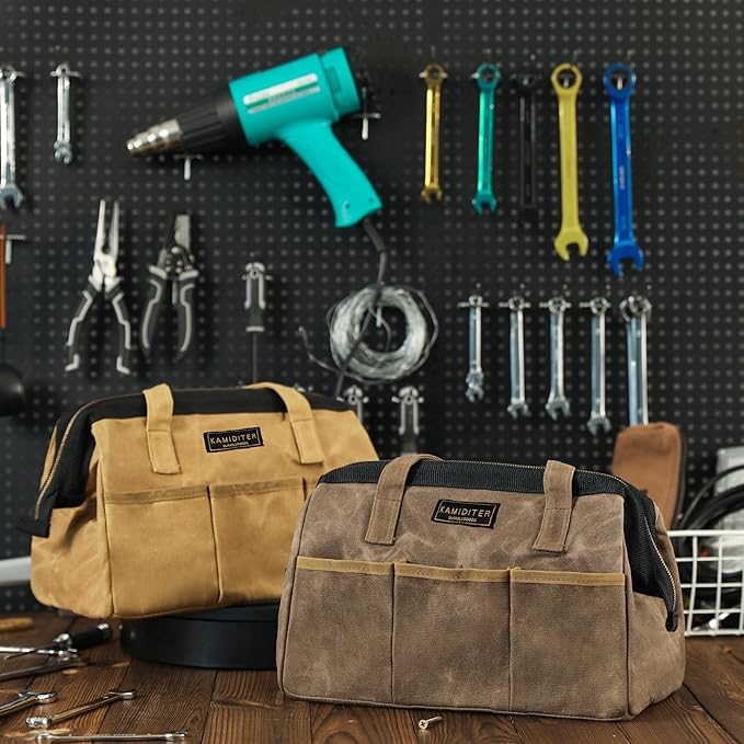 Tool Bag, 13-inch Heavy Duty 16oz Waxed Canvas Wide Mouth Water-Resistant Tool Bag, Tool Tote with Handle for Tools, Wrenches, Screwdrivers (13 X 7 X 9 inch) | Grey