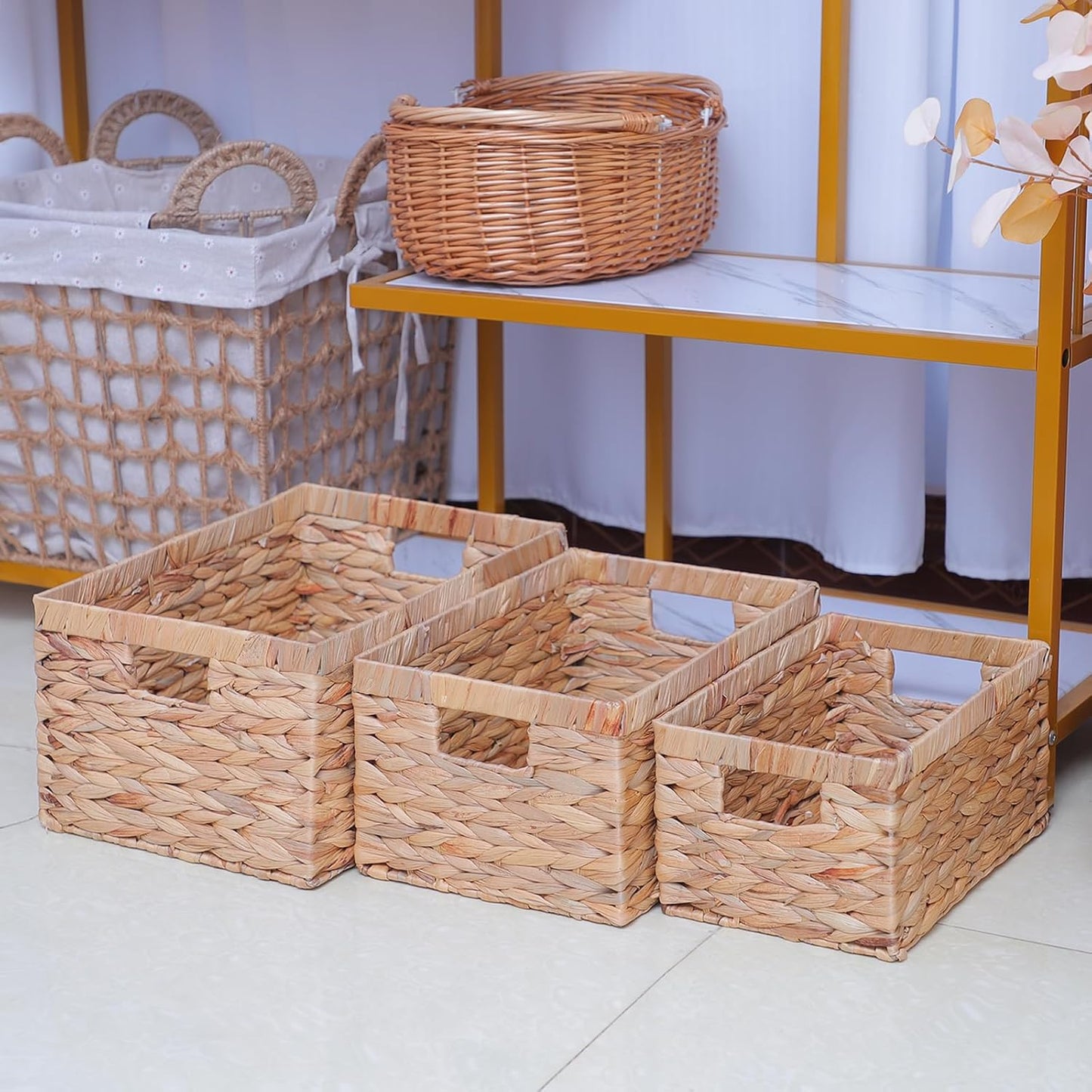Woven Natural Water hyacinth Rectangular Storage Baskets with inside Handle,Kingwillow(Large)