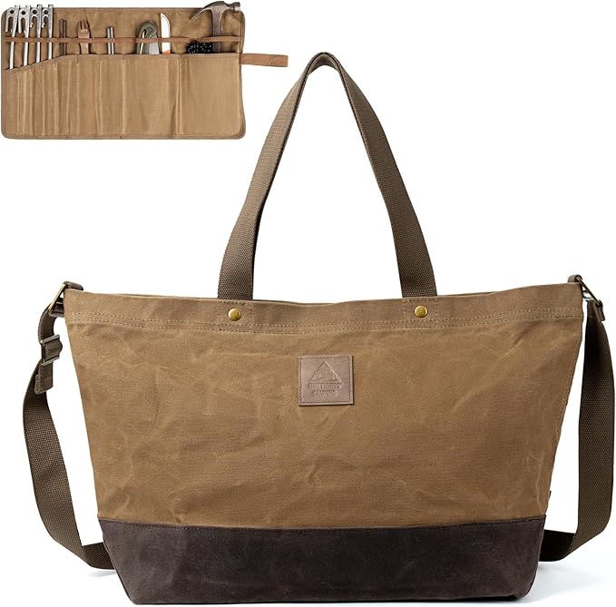 OneTigris Waxed Canvas Tool Tote Bag with Removable Tool Roll Bag, 36L Large Capacity Storage Tote Bag - Heavy Duty Canvas Bag and Tactical Camping Storage for Gardening,Camping Gear Firewood