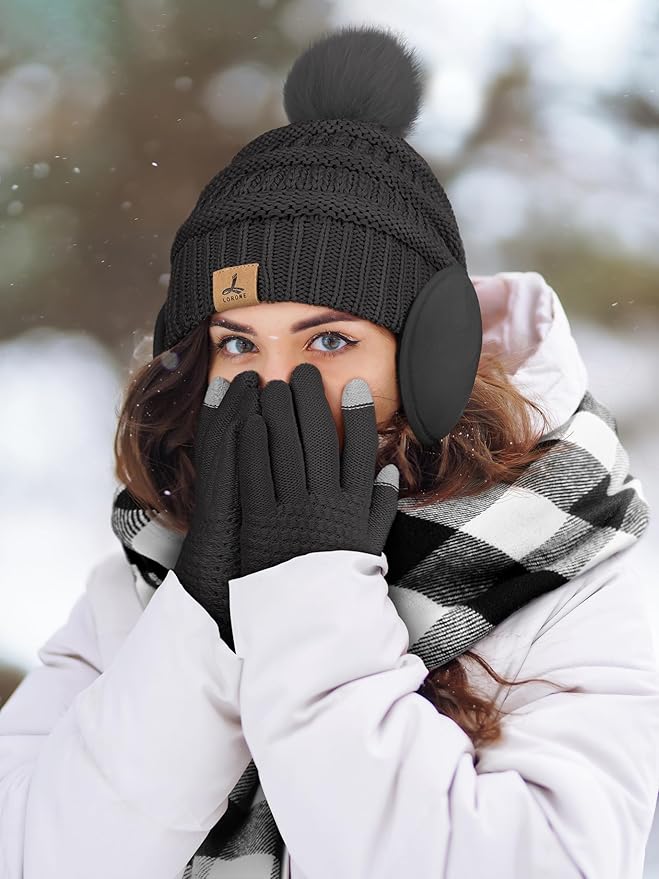 Winter Hat Scarf Gloves and Ear Warmer, Knit Warm Beanie Hat Touch Screen Gloves Long Knitted Plaid Scarf Set Gifts for Women