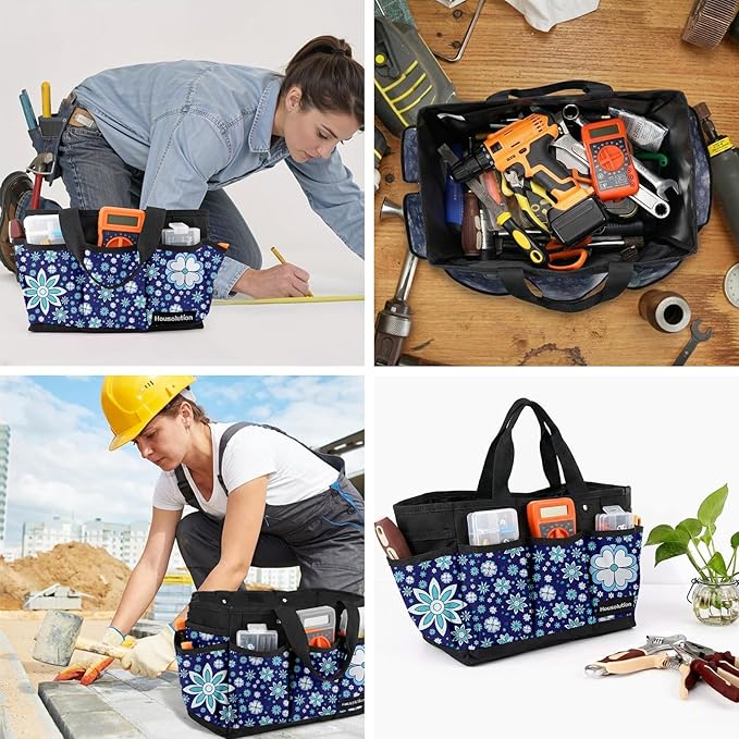 Housolution Gardening Tote Bag, Deluxe Garden Tool Storage Bag and Home Organizer with Pockets, Wear-Resistant & Reusable, 14 Inch, Blue Flowers