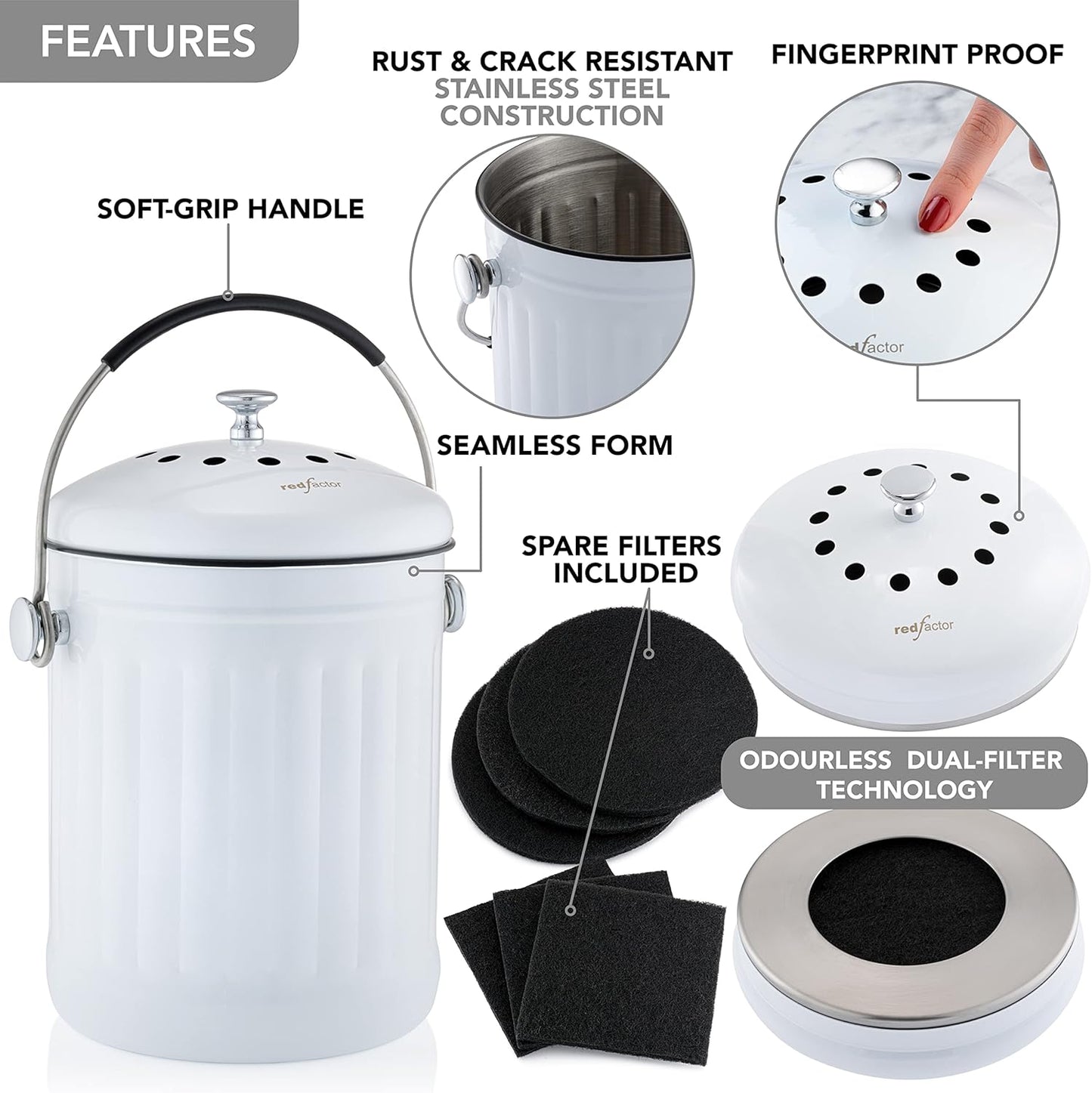 RED FACTOR Premium Compost Bin for Kitchen Countertop - Stainless Steel Food Waste Bucket with Innovative Dual Filter Technology - Includes Spare Filters (White, 1.3 Gallon)