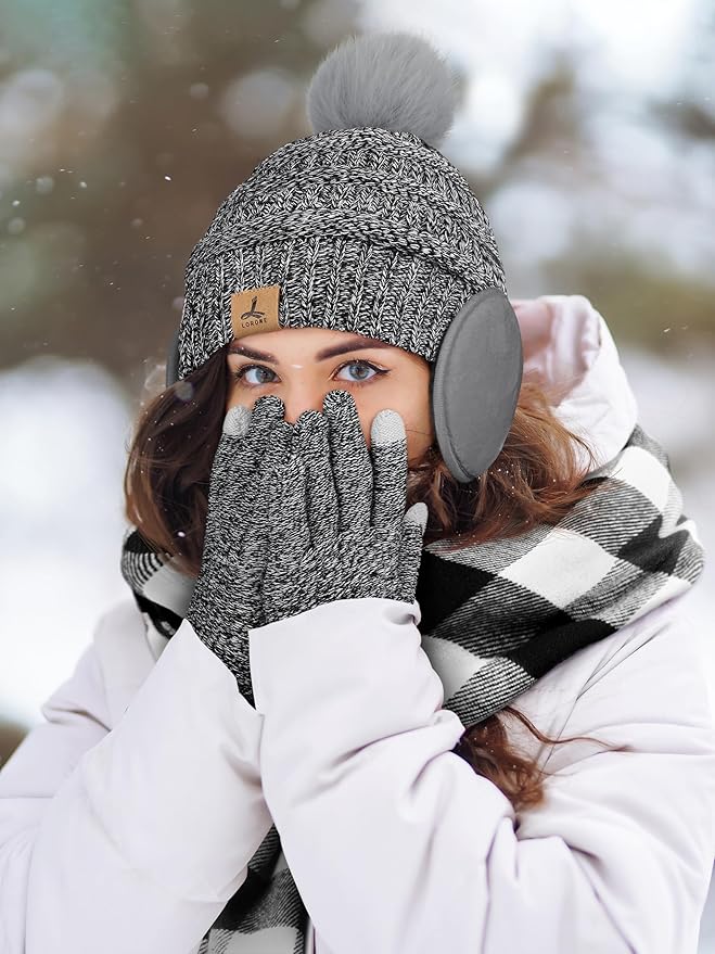 Winter Hat Scarf Gloves and Ear Warmer, Knit Warm Beanie Hat Touch Screen Gloves Long Knitted Plaid Scarf Set Gifts for Women
