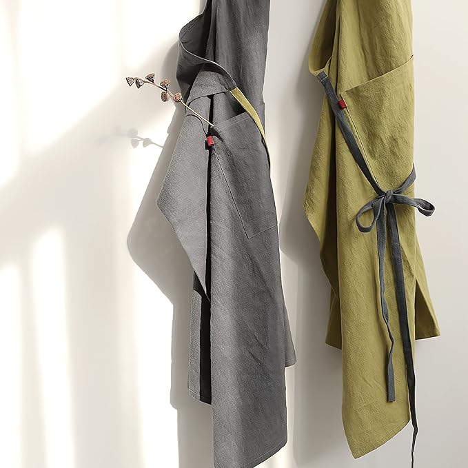 HANEE Kitchen Apron for Women & Men (9 Colors) Linen Cooking Aprons with pocket