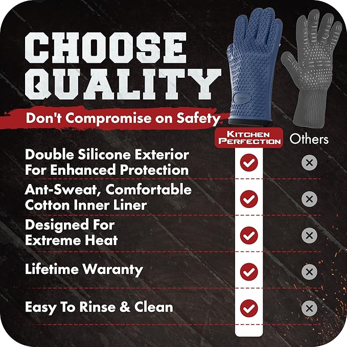 KITCHEN PERFECTION S Silicone Smoker Oven Gloves -Extreme Heat Resistant BBQ Gloves -Handle Hot Food Right on Your Grill Fryer Pit|Waterproof Oven Mitts |Superior Value Set+3 Bonuses