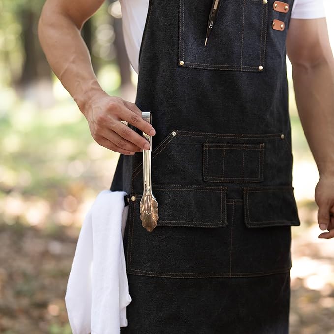 Tosewever Work Aprons for Men with Large Pockets, Canvas Cross Back Heavy Duty Adjustable Tool Aprons for Chef Cooking BBQ
