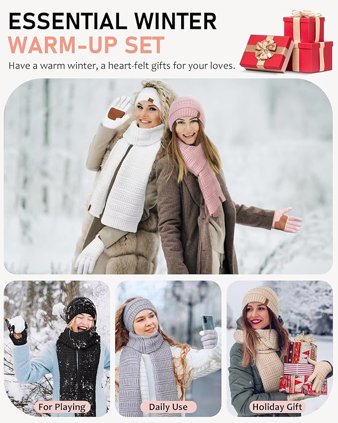 Womens Winter Beanie Hat Scarf Gloves Headband Set, Slouchy Beanie Ear Warmer Knit Scarf Touchscreen Gloves Warm 4 Gift Set