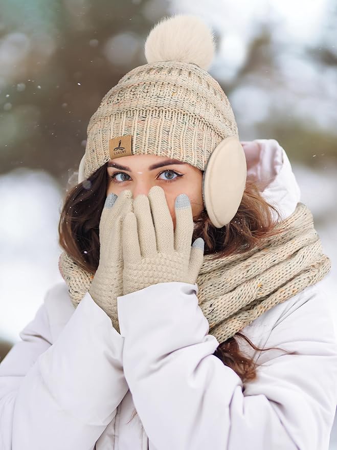 Winter Hat Scarf Gloves and Ear Warmer, Warm Knit Beanie Hat Touch Screen Gloves Set Winter Gifts Neck Scarves for Women