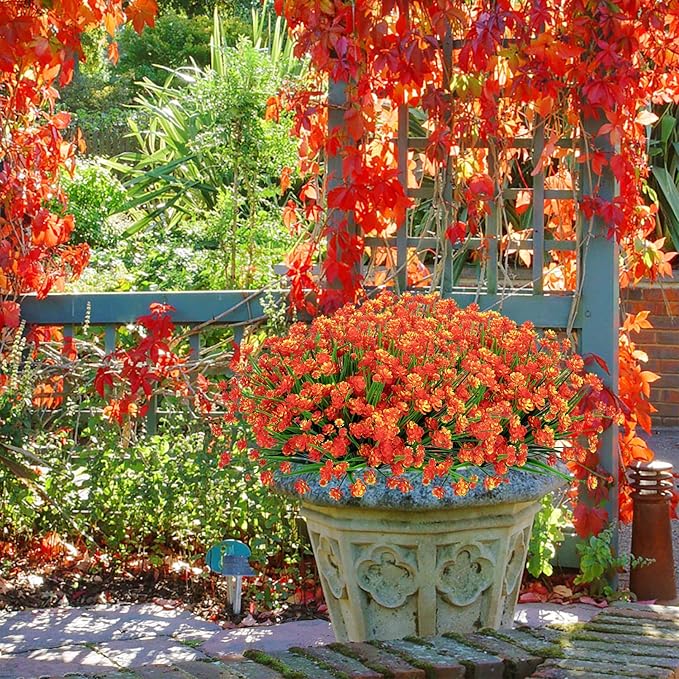 Ouddy Decor 24 Bundles Artificial Flowers for Outdoors UV Resistant Fake Plastic Plants Faux Greenery Stems for Spring Summer Indoor Garden Patio Window Box Kitchen Home Decor, Orange