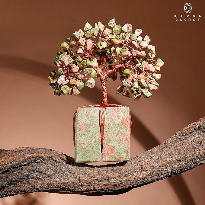 Crystal Tree for Birthday Gifts for Women, Handmade Raw Crystal Base Unakite Chakra Healing Crystal Tree of Life for Positive Energy, Money, Good Luck, Christmas Décor, Home and Office Decor