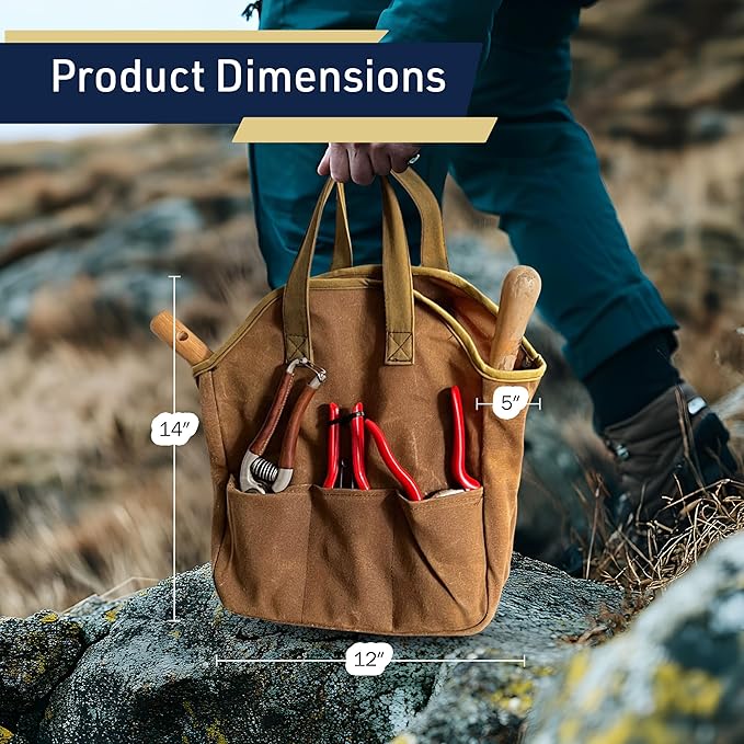 Garden Tool Bag - 12x14” Heavy Duty Waxed Canvas Tote Bag Caddy with 6 Interior and 3 Exterior Pockets for Organizing Gardening Tools - Gardening Gifts for Women and Men by Kings County Tools