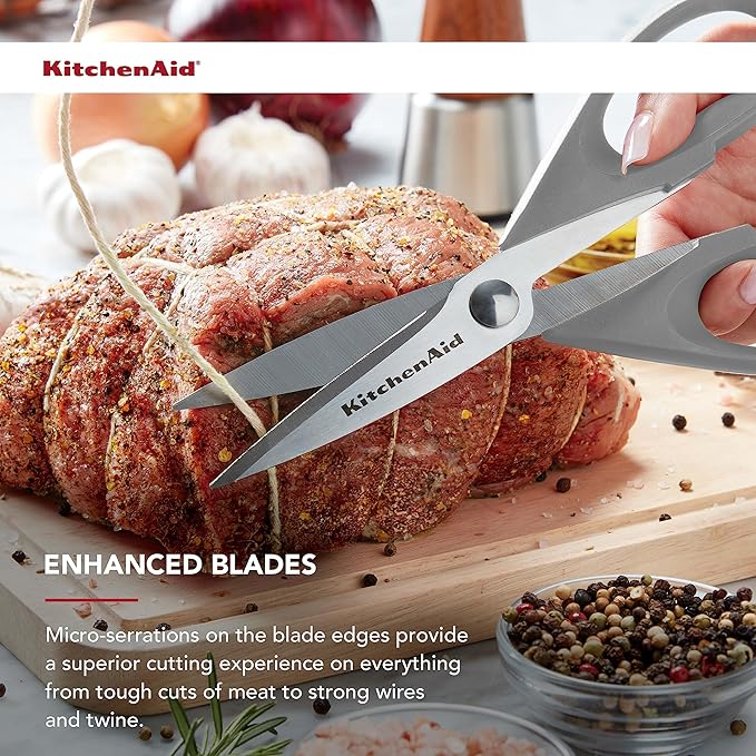 KitchenAid All Purpose Kitchen Shears with Protective Sheath Durable Stainless Steel Scissors, Dishwasher Safe, Soft Grip Comfort Handle, 8.72 Inch, Gray