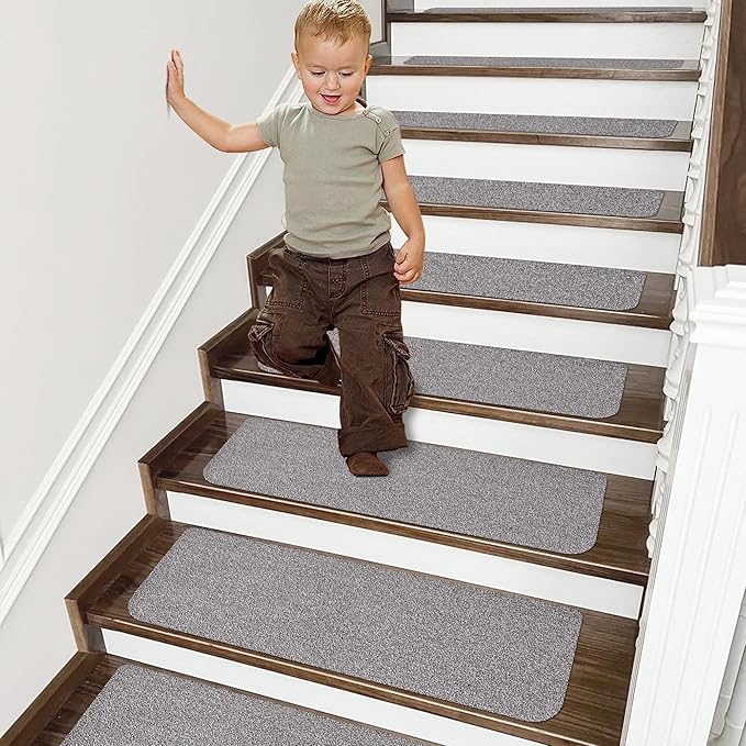 COSY HOMEER Stair Treads Non-Slip Carpet Mat 28inX9in Indoor Stair Runners for Wooden Steps, Stair Rugs for Kids and Dogs, 100% Polyester TPE Backing 4pcs,Grey,Protect Floor
