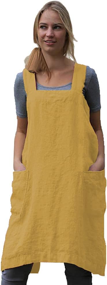 WROLEM Women's Practical Cross Back Pinafore Apron with Large Pockets Home Kitchen,Restaurant,Coffee House,Cooking,Gardening