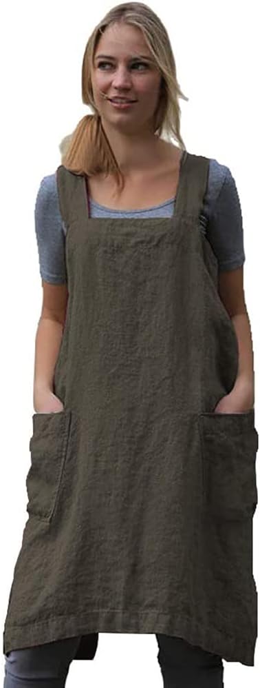 WROLEM Women's Practical Cross Back Pinafore Apron with Large Pockets Home Kitchen,Restaurant,Coffee House,Cooking,Gardening