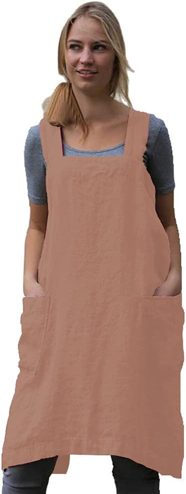 WROLEM Women's Practical Cross Back Pinafore Apron with Large Pockets Home Kitchen,Restaurant,Coffee House,Cooking,Gardening