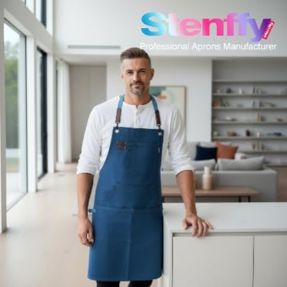 10 Pack Kitchen Aprons, Work Apron, Canvas, Multiple Pockets, Gardening, Painting, BBQ, Artist, Carpenter, Sizes M to XXL, Blue