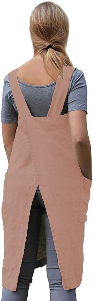 WROLEM Women's Practical Cross Back Pinafore Apron with Large Pockets Home Kitchen,Restaurant,Coffee House,Cooking,Gardening