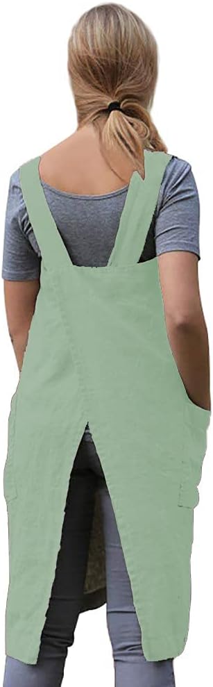 WROLEM Women's Practical Cross Back Pinafore Apron with Large Pockets Home Kitchen,Restaurant,Coffee House,Cooking,Gardening