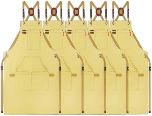 5 Pack Kitchen Apron, Work Apron, Canvas, Multiple Pockets, Gardening, Painting, BBQ, Artist, Carpenter, Sizes M to XXL, Amber