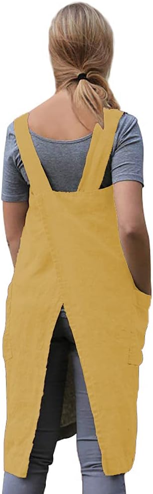 WROLEM Women's Practical Cross Back Pinafore Apron with Large Pockets Home Kitchen,Restaurant,Coffee House,Cooking,Gardening