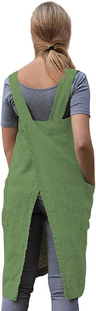 WROLEM Women's Practical Cross Back Pinafore Apron with Large Pockets Home Kitchen,Restaurant,Coffee House,Cooking,Gardening
