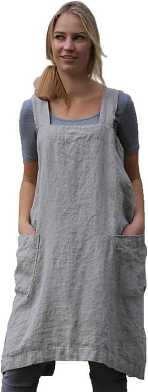 WROLEM Women's Practical Cross Back Pinafore Apron with Large Pockets Home Kitchen,Restaurant,Coffee House,Cooking,Gardening