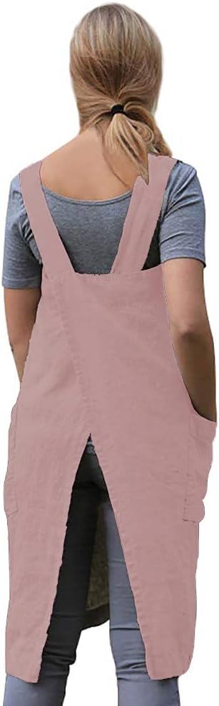 WROLEM Women's Practical Cross Back Pinafore Apron with Large Pockets Home Kitchen,Restaurant,Coffee House,Cooking,Gardening