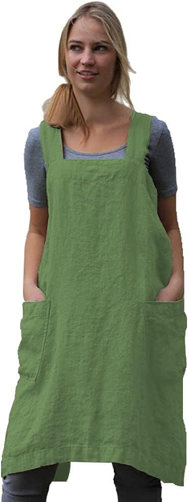 WROLEM Women's Practical Cross Back Pinafore Apron with Large Pockets Home Kitchen,Restaurant,Coffee House,Cooking,Gardening