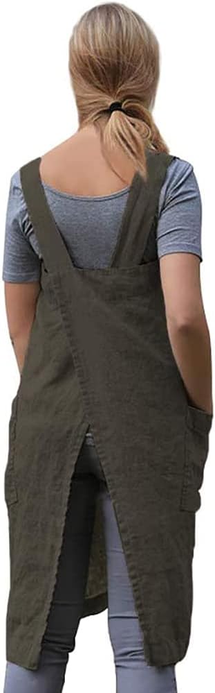 WROLEM Women's Practical Cross Back Pinafore Apron with Large Pockets Home Kitchen,Restaurant,Coffee House,Cooking,Gardening