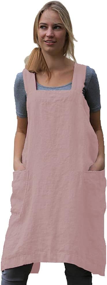 WROLEM Women's Practical Cross Back Pinafore Apron with Large Pockets Home Kitchen,Restaurant,Coffee House,Cooking,Gardening