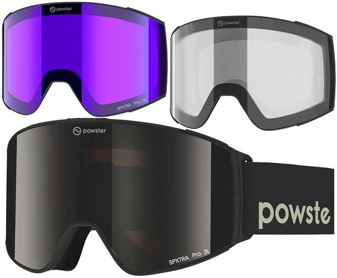 Powster Ski Goggles Snow OTG Snowboard Goggles Magnetic Interchangeable Lens Frameless UV Protection Anti-fog mobile Skating