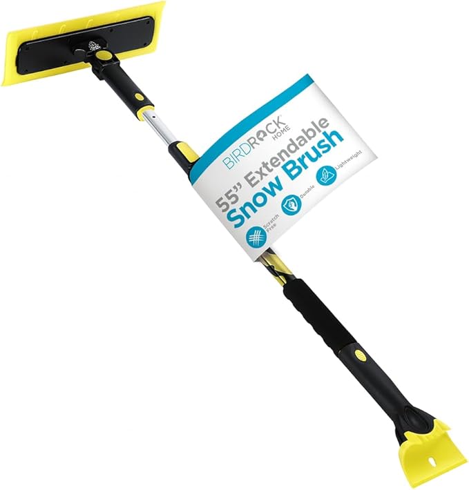BIRDROCK HOME 55" Extendable Snow Brush with 14" Foam Head & Detachable Scraper | Aluminum Grip for Car, Truck, SUV | Safe on Auto Windshield & Windows | Wide Frost Remover - Yellow