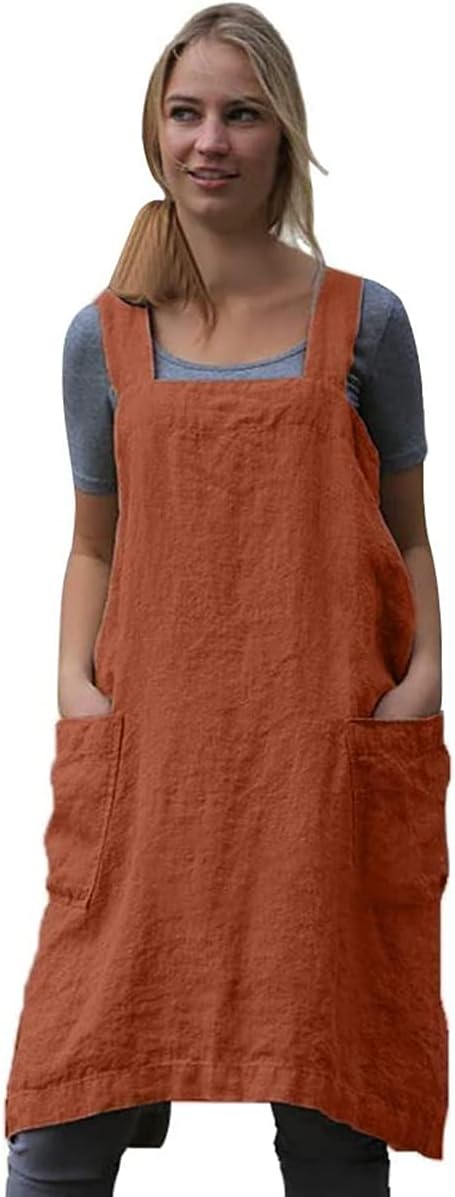 WROLEM Women's Practical Cross Back Pinafore Apron with Large Pockets Home Kitchen,Restaurant,Coffee House,Cooking,Gardening