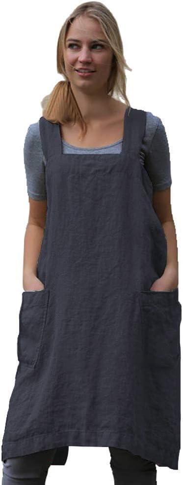 WROLEM Women's Practical Cross Back Pinafore Apron with Large Pockets Home Kitchen,Restaurant,Coffee House,Cooking,Gardening