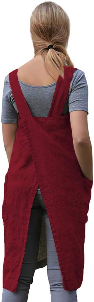 WROLEM Women's Practical Cross Back Pinafore Apron with Large Pockets Home Kitchen,Restaurant,Coffee House,Cooking,Gardening