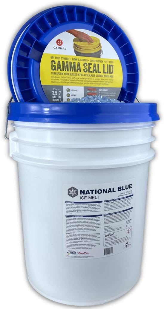 National Blue Ice Melt and Snow Salt 50lb Bucket - Fast Acting Ice Melter - Pet, Plant and Concrete Friendly, Environmentally Safe - Free of Magnesium Chloride - Melts to -15°F