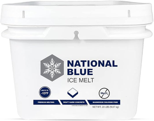 National Blue Ice Melt and Snow Salt 20lb Bucket - Fast Acting Ice Melter - Pet, Plant and Concrete Friendly, Environmentally Safe - Free of Magnesium Chloride - Melts to -15°F