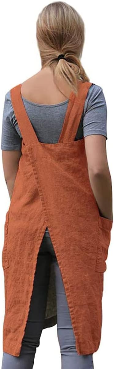 WROLEM Women's Practical Cross Back Pinafore Apron with Large Pockets Home Kitchen,Restaurant,Coffee House,Cooking,Gardening