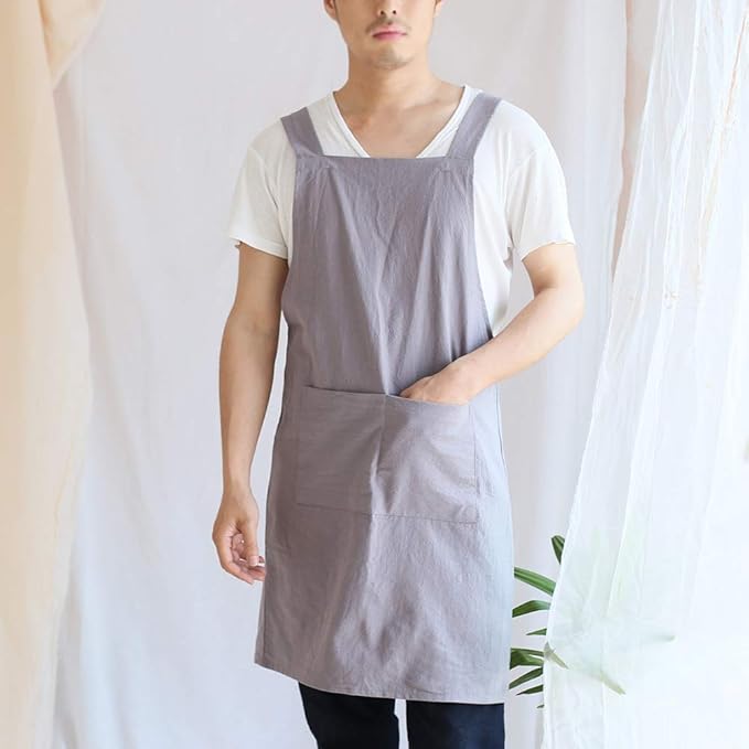Japanese Style Linen Cotton Cross Back Pinafore Apron with Pockets for Women Ladies Men Chef Kitchen Cooking Baking