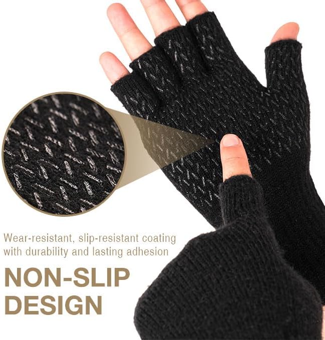 Rahhint Alpaca Wool Fingerless Gloves for Men Women Double-Layer Winter Gloves Warm Windproof Knitted for Typing Driving