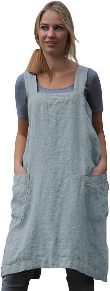 WROLEM Women's Practical Cross Back Pinafore Apron with Large Pockets Home Kitchen,Restaurant,Coffee House,Cooking,Gardening