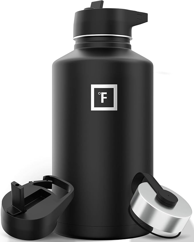 IRON °FLASK Camping & Hiking Hydration Flask with Straw, Wide Mouth Insulated Stainless Steel Sports Water Bottle - 64 oz Midnight Black