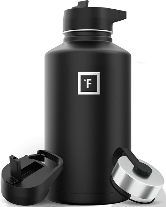 IRON °FLASK Camping & Hiking Hydration Flask with Straw, Wide Mouth Insulated Stainless Steel Sports Water Bottle - 64 oz Midnight Black