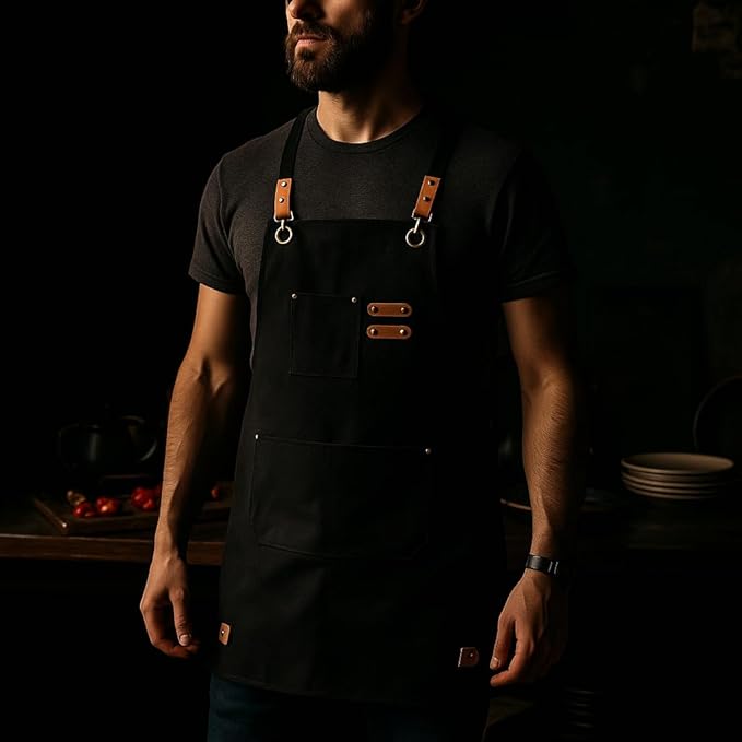 Chef Aprons for Men Canvas Apron with Large Pockets and Adjustable Neck Strap for Cooking,BBQ, Gardening
