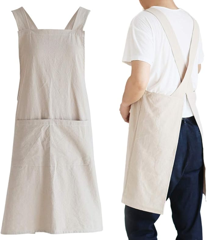 Japanese Style Linen Cotton Cross Back Pinafore Apron with Pockets for Women Ladies Men Chef Kitchen Cooking Baking