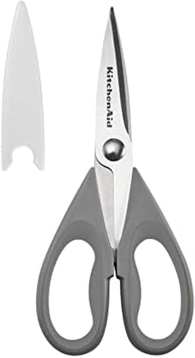 KitchenAid All Purpose Kitchen Shears with Protective Sheath Durable Stainless Steel Scissors, Dishwasher Safe, Soft Grip Comfort Handle, 8.72 Inch, Gray