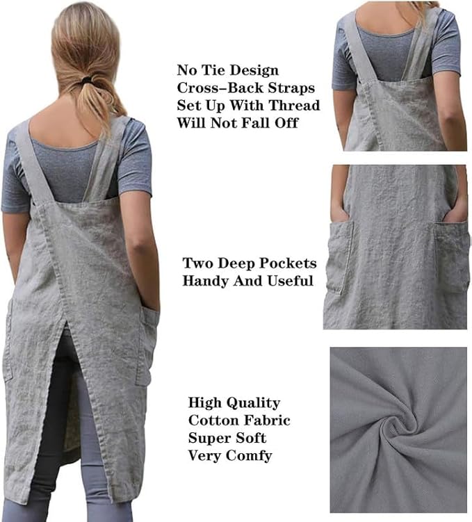 WROLEM Women's Practical Cross Back Pinafore Apron with Large Pockets Home Kitchen,Restaurant,Coffee House,Cooking,Gardening